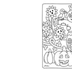 Eine schwarz-weiße Illustration mit Vogelscheuche, Kürbissen, Sonnenblumen und einem Vogel, gestaltet in fröhlichem Stil.