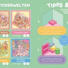 „DEINE COZY STICKERWELTEN“ und „TIPPS & TRICKS“. Links sind thematische Stickerbögen, rechts Hinweise für Gestaltung.