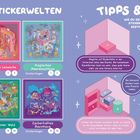 "Deine Cozy Stickerwelten", "Tipps & Tricks", "Elfendorf", "Gemütliche Leseecke", "Magisches Meeresschloss". Bunte Illustrationen.