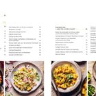 Inhalt mit Rezepten wie Quiche und Crumble. Drei Tellergerichte: Eintopf, Pasta mit Radieschen, Pasta mit Erbsen.