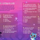 Ein Quiz für Huntrix-Fans mit 10 Fragen über magische Barrieren, Lieder, Mitglieder und Waffen, dekoriert mit Sternen und Figuren.