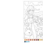 Illustration mit Zahlen für Malen nach Zahlen. Zwei lächelnde Personen tragen einen Korb, umgeben von Tieren und Wolken.