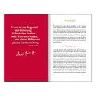 "Friede ist das Gegenteil von Sicherung. Sicherheiten fordern heißt Mißtrauen haben, und dieses Mißtrauen gebiert wiederum Krieg." Links ist ein Zitat in rot mit Unterschrift. Rechts ein Text über Frieden.