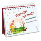 "Weniger ist mehr. Der Fastenkalender. 40 Tipps, bewusst zu leben." Illustration: Person radelt, Hund, Baum, Stadt.