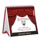 Kurioses aus Kabarett, Comedy & Varieté. Quizspiel Humor. Ein roter Vorhang und eine lachende Theatermaske.