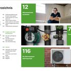 Inhaltsverzeichnis mit Themen: Energieverbrauch, Wärmepumpen, und Dämmung. Bilder von Heizkörper, Rohrsystem und Wärmepumpe.