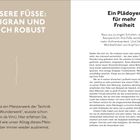 Linke Seite: "UNSERE FÜSSE: FILIGRAN UND DOCH ROBUST". Rechte Seite: "Ein Plädoyer für mehr Freiheit".