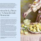 "Passionsfrucht & Zitrusfrüchte Schmelzende Momente. Ergibt etwa 20 gefüllte Kekse."  
Links Rezepttext, rechts bunte Kleidung, Kekse, Blumen.