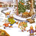 In einem verschneiten Wald gehen Tiere lustig spazieren, umgeben von Vögeln und einem gemütlichen Igelhaus unter einem Baum.