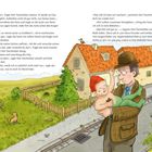 Text beschreibt Herrn Taschenbier und das Sams im Dialog über das Zusammenleben. Illustration zeigt sie draußen, Herr hält Sams.