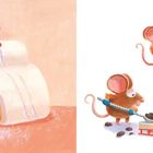 Texte: „Zum Beispiel war vom Festgebäck, das Mutter gut verborgen, mit einem Mal das Beste weg am ersten Weihnachtsmorgen.“

Illustration: Eine Maus auf einem Schlitten fährt über einen Kuchen. Eine andere Maus bohrt Löcher in ein Gebäck.