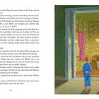 Text beschreibt einen Aufzug, Knöpfe mit Zahlen und Buchstaben, Rosa hört Geräusche, sieht Zimmer mit Tisch, Sessel, Mann.