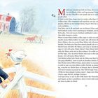 Text über einen Jungen namens Michel aus Lönneberga. Illustration: Michel mit Tierfreunden vor einem Haus auf dem Land.