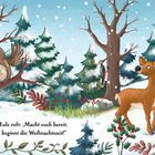 "Die Eule ruft: ‚Macht euch bereit, jetzt beginnt die Weihnachtszeit!‘" Illustration mit Waldtieren im Schnee.