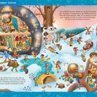 "Wichtel Lieben Schnee" - Illustration von Wichteln im Schnee bei Aktivitäten wie Schlittschuhlaufen und Schlittenfahren.