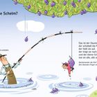 Illustration mit Texten über einen kleinen Schelm, der ins Wasser fällt. Eine Figur fischt mit einer Angel Pflaumen.