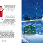 Texte: Lustige Geschichten von Santa und einem Wichtel. Links Santa im roten Anzug, rechts seine Schlittenfahrt bei Nacht.