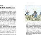 **Text:** "ÜBER DAS LANDWIRTSCHAFTSJAHR. DER ERNÄHRUNGSHISTORIKER RICHARD TELLSTRÖM ERZÄHLT."

**Illustration:** Drei Personen in blauer Kleidung mähen Gras auf einem Feld.