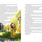 Seite 77 eines Buches. Links ein Garten mit drei Menschen, darunter ein Mädchen mit Brille und gelber Kleidung.