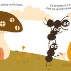 Text über einer Illustration: Eine Ameisenfamilie wohnt in einem Pilzhaus und freut sich über einen Brief. Sie wollen einem Wurm schreiben.