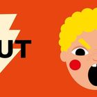 Text: "WUT". Eine Illustration eines wütenden Gesichts mit gelbem Haar und offenem Mund auf orangem Hintergrund.