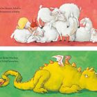 Illustration: Oben ein Kind mit Schafen auf rotem Hintergrund. Unten ein Kind mit gelbem Drachen auf grünem Hintergrund.