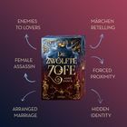 Texte: "ENEMIES TO LOVERS", "FEMALE ASSASSIN", "ARRANGED MARRIAGE", "MÄRCHEN RETELLING", "FORCED PROXIMITY", "HIDDEN IDENTITY". Buchcover mit Verzierungen.
