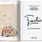 "Fuilio Pucci Fashion Story" steht mittig, darunter mehrere Namen. Links eine bunte Collage und eine Profilzeichnung.