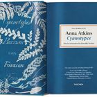 "Cyanotypes of British and Foreign Ferns"; rechts "Anna Atkins Cyanotypes". Links weiße Farnabbildungen auf Blau.
