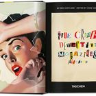 True Crime Detective Magazines 1924-1969. Links Portrait einer Frau in Panik, rechts bunte ausgeschnittene Buchstaben.