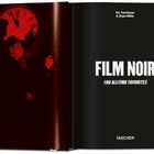 Text: "FILM NOIR 100 All-Time Favorites," "Eds. Paul Duncan & Jürgen Müller," "TASCHEN." Links ein Mann mit Hut vor einer Uhr.
