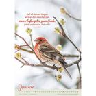 Text: "Auf all deinen Wegen wird er dich beschützen, vom Anfang bis zum Ende, jetzt und in aller Zukunft! Psalm 121,8"

Unten: "Januar" und Kalendertage.

Ein Vogel sitzt auf einem schneebedeckten Ast mit Knospen.