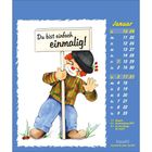 "Du bist einfach einmalig!" steht auf einem Schild, gehalten von einem fröhlichen Clown in bunter Kleidung neben einem Kalender.