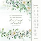 Weiße Blumen und grüne Blätter zieren den Hintergrund. Kalender für Januar mit Spruch aus Matthäus 21,22.