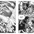 „BOWOMMMM“, „Beeilung! Bewegt eure Ärsche in die Schiffe!“, „UUAHH“, „Aah“, „Verdammte Scheiße …!“. Schwarz-weiße Manga-Illustration mit Explosionen und hektischer Szene.
