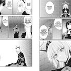 Eine Manga-Seite mit Dialogen zwischen zwei Charakteren in einem dunklen Raum, mit ernster Stimmung.