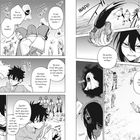 Comic-Panels mit Figuren im Gespräch. Junge kämpft gegen Geister. Dynamische Szenen, emotionale Gesichter, stilisiertes Artwork.