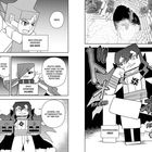 Comic mit Charakteren und Dialogen aus einer Würfelwelt. Ein Abenteuer mit Figuren, die über Kooperation und Gefahr sprechen.