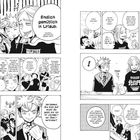 Mehrere Charaktere in einem Restaurant; sie sprechen über Urlaub und Arbeit. Texte zeigen Gesprächsblasen. Manga-Stil.