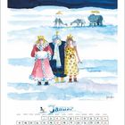 "Januar" in blauer Schrift, darunter ein Kalender. Drei Menschen in winterlicher Kleidung vor einer Schneelandschaft.