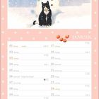 "JANUAR" steht oben. Ein Schneemann trägt einen grünen Schal, daneben sitzt eine schwarze Katze im Schnee.