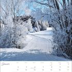 Januar. Kalendertage mit Feiertagen: 1. Neujahr, 6. Heilige Drei Könige. Winterliche Schneelandschaft mit verschneiten Bäumen.