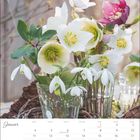 "Januar" in eleganter Schrift. Darunter ein Kalender. Glasvasen mit weißen und rosa Blumen, umgeben von Zweigen.