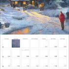 Kalender für Januar: Illustration einer Schneeszene mit Hütte und Wald bei Nacht. Menschen tragen Laternen.