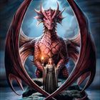 Zahlen 1 bis 31 in kleiner Schrift. Darstellung eines roten Drachens mit einer Frau in langem Gewand und Fackel vor ihm.