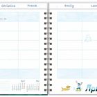 Planer für "Christine", "Frank", "Emily", "Leon". Kalenderwoche 13, Tage 29. März bis 4. April. Illustration: Kind und Hund.