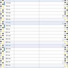 Kalenderblatt für Januar, mit Tagen und Wochenzahlen. Illustration von drei gelben Figuren in blauer Kleidung.