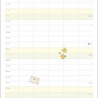 Kalenderseite für Januar, mit Feiertagen und einem niedlichen Charakter, der liest. Verspielte Sterne verzieren die Seite.