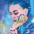 Kalenderseite, Januar. Eine expressionistische Illustration einer nachdenklichen Frau mit geschlossenen Augen und farbenfrohem Hintergrund.