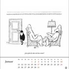 "Jetzt gehst du aber mit ihm runter!" Zwei Hunde in Sesseln, einer liest. Neben ihnen steht ein Mann mit Hut. Unten Kalenderblatt Januar.